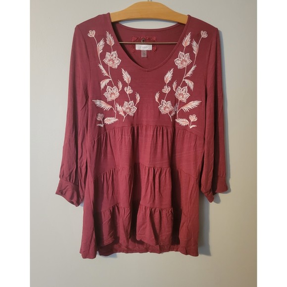 Cupio Burgundy Embroidered 3/4 Sleeve Tunic Top Size M - Picture 1 of 5